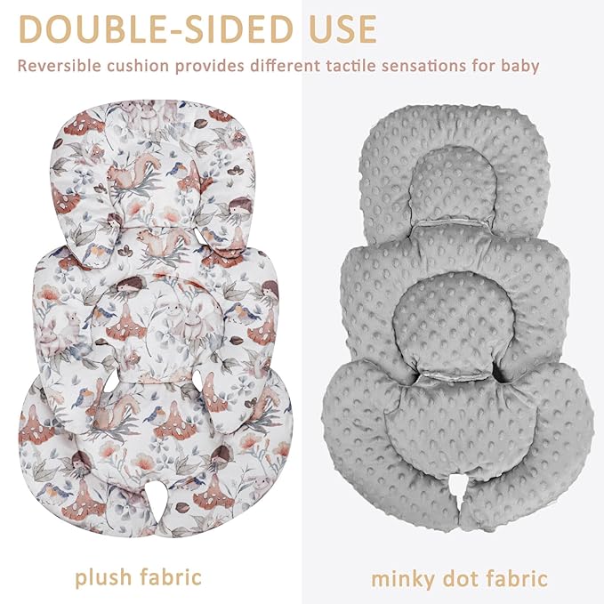 Infant Car Seat Insert, Car Seat Head Support Baby Girls Boys, Soft & Reversible Newborn Carseat Insert Cushion with 2 Strap Covers, for Stroller, Swing, Bouncer (Gray Animals)