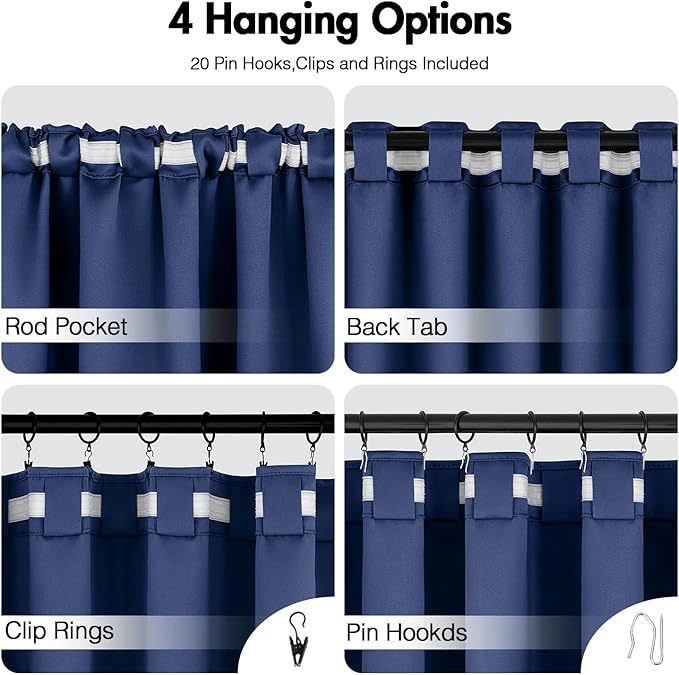 ANRODUO Back Tab Blackout Curtains for Bedroom Living Room, Rod Pocket Pinch Pleated Thermal Insulated Room Darkening Curtains 90 Inches Long 2 Panels, Navy Blue, 42 x 90 Inch