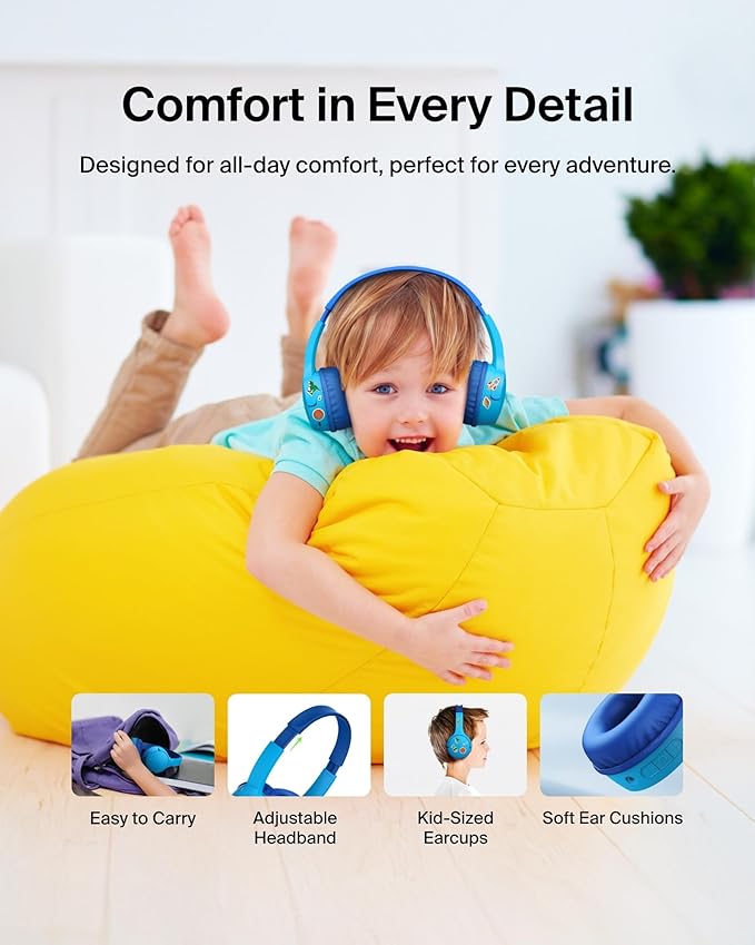 Belkin SoundForm Mini - Wireless Bluetooth Kids Headphones, 30H Battery, 85dB Safe Volume Limit, Built-in Microphone - Toddler On-Ear Earphones for iPhone, iPad, Fire Tablet, Ideal for School - Blue