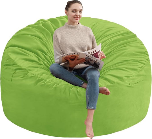 5FT Bean Bag Chair, Large Bean Bag Chairs with Memory Foam Filled, Fluffy Beanbag Sofa with Dutch Velvet Cover, Round BeanBag Chairs for Living Room, Playroom - Lime