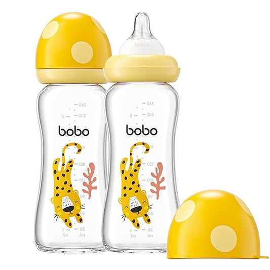 YOHKOH Natural Glass Baby Bottle with Natural Response Nipple, Newborn Anti-Colic Baby Bottles, Wide Neck Mushroom Cap Baby Bottle, Clear (8.8ounce (Pack of 2), Yellow2)
