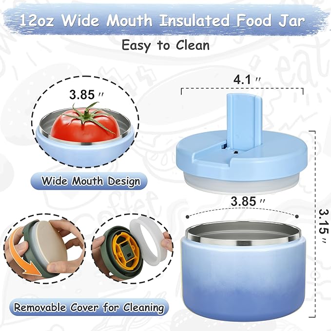 12oz Insulated Vacuum Food Jar with Buckle Lid Wide Mouth Soup Thermo for Hot Food Kids Leakproof Stainless Steel Lunch Container (Gradient Blue, 12OZ)