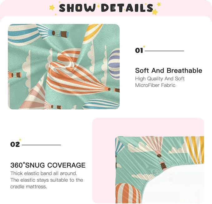Hot Air Balloon Clouds Crib Sheets for Boys and Girls, Fitted Baby Crib Sheets Soft and Breathable Mini Crib Sheets 52 X 28 X 9 Inches