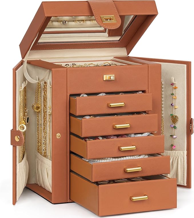 AKOZLIN Jewelry Box Organizer Functional Leather Jewelry Storage Case for Women Girls Ring Necklace Earring Bracelet Holder Organizer with Mirror