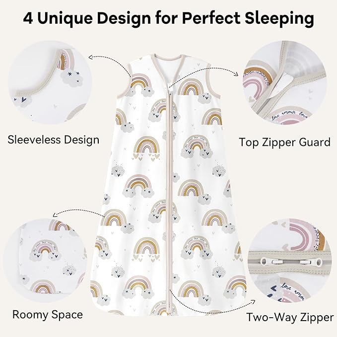 Baby Sleep Sack 12-18 Months 0.5 Tog Wearable Blanket Baby, 3 Pack 100% Cotton Lightweight Sleeping Sack with 2-Way Zipper for Infant Toddler Apricot White Sun Clouds