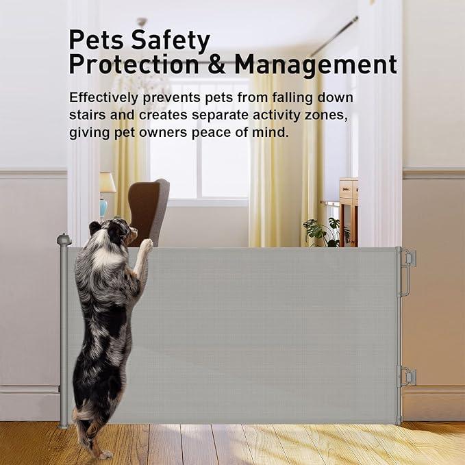 Cumbor 55" Wide Retractable Baby Gates for Doorways, Mom's Choice Award - Mesh Dog Gate for The House, One-Hand Opening Safety Child Gates for Stairs, Pet Puppy Fence Indoor & Outdoor, Gray