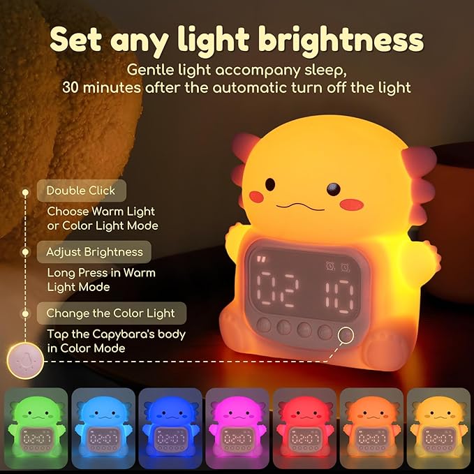 Axolotl Alarm Clock with Night Light for Kids, 7 RGB Color Cute Alarm Clocks for Bedrooms Ok to Wake Clocks, Silicone Animal Tabletop Lamp for Teen Girls Boys