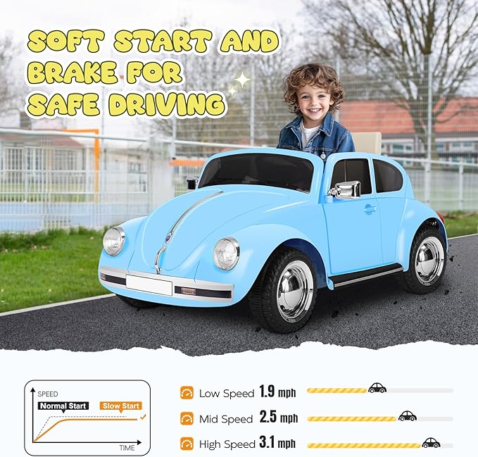 12V Kids Electric Car, Power Wheels with Remote Control, Ride on Car Toys with LED Light, 3 Speeds, Music, Blue