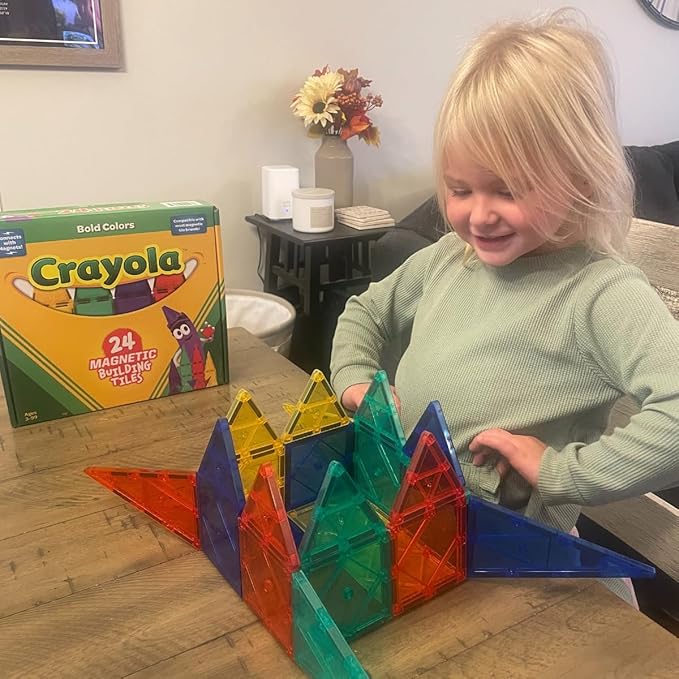 CreateOn Crayola Bold Magnetic Tiles, Building Set for Kids, Magnetic Tiles, Kids’ Building Toys, STEM and Montessori Toys for Boys and Girls Ages 3+, 24-Piece Set (Bold)