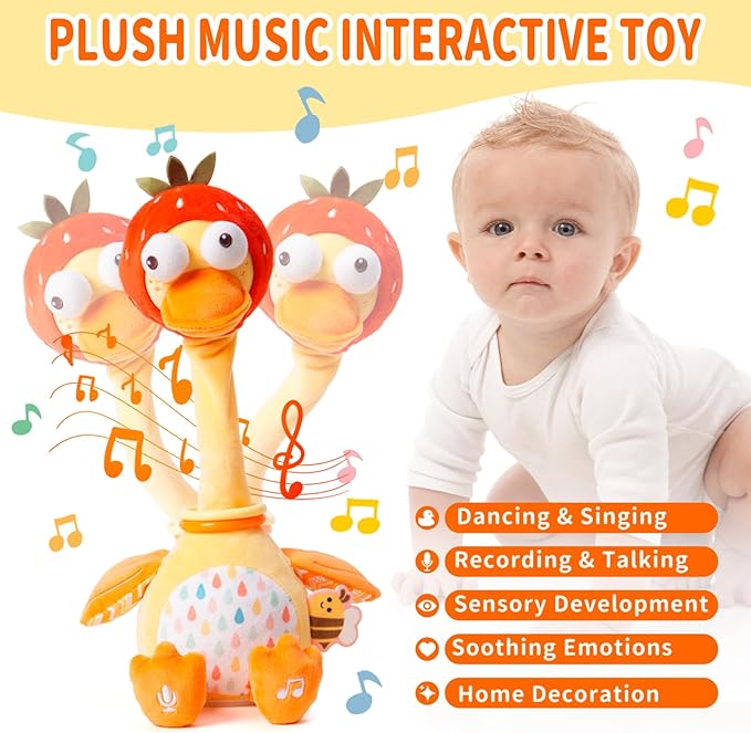 Jollybaby Plush Talking Singing Dancing Musical Strawberry Duck Toy for Toddlers 1-3 Just Like Cactus Toy, Music Mimicking Interactive Toys for Crawling Kids, Sensory Gift for Baby 0-6-12 Month