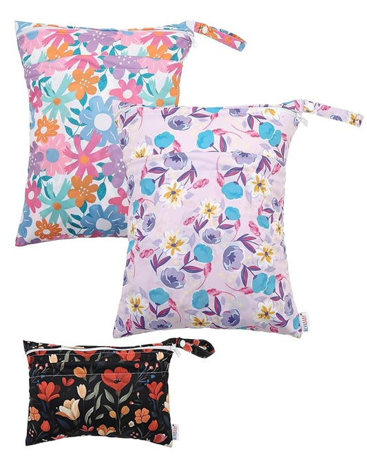 ALVABABY 3 Cloth Diaper Wet Dry Bags Waterproof Reusable with Two Zippered Pockets Travel Beach Pool Daycare Soiled Baby Items Yoga Gym Bag for Swimsuits or Wet Clothes Small medium Large 3L-SML07