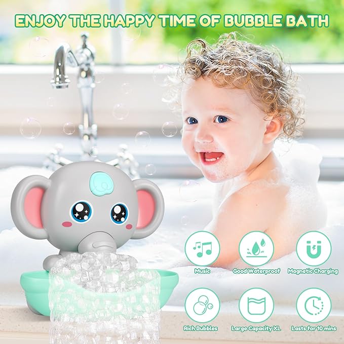Baby Bath Toys, Magnetic Charging Music Bath Bubble Machine, Elephant Bubble Maker for Kids Ages 1-3 4-8, Toddler Bathtub Toy Gift for Boys and Girls (Grey)