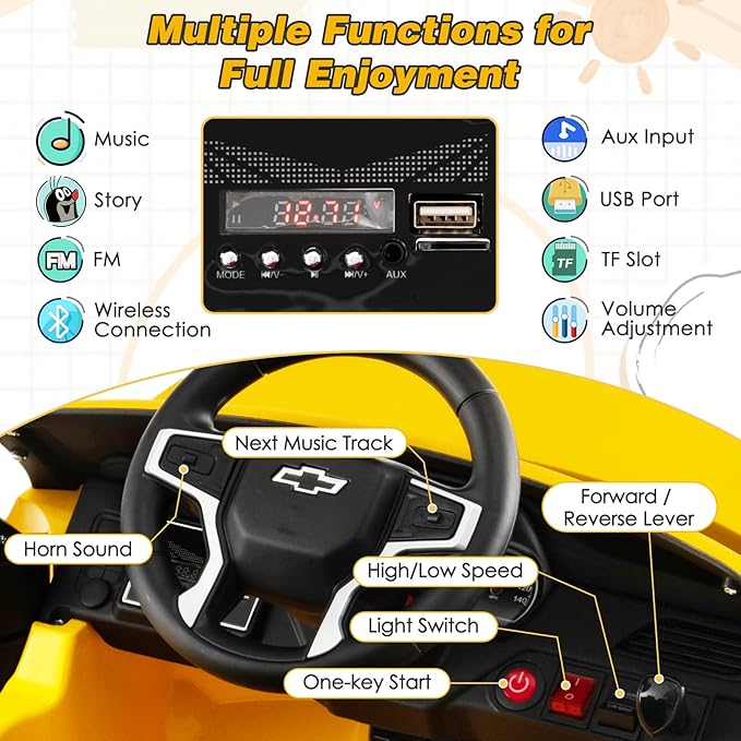 Costzon Ride on Car, 12V Licensed Chevrolet Tahoe Battery Powered Electric Vehicle w/ 2.4G Remote Control, High/Low Speed, Music, Lights, MP3/USB/FM, Spring Suspension, Electric SUV for Kids (Yellow)