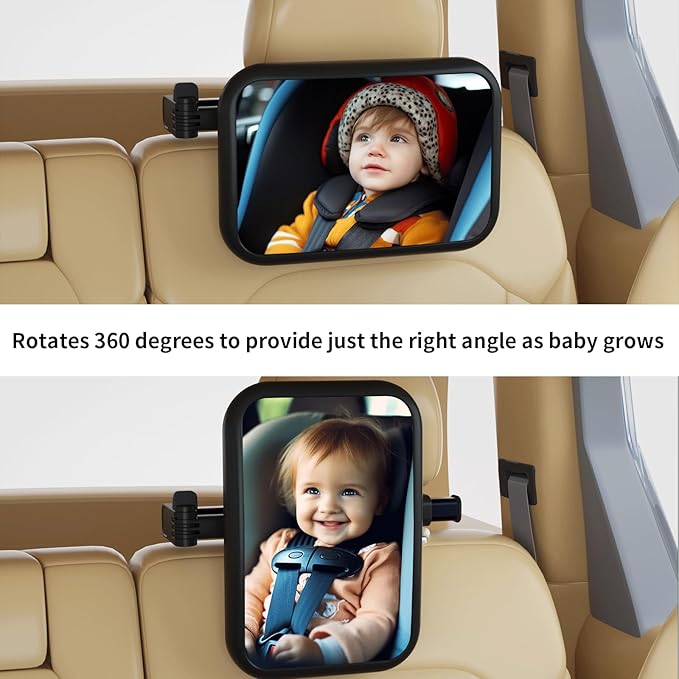 Baby Car Mirror Rear Facing, Safety Adjustable Car Seat Mirror for Baby Extendable Camera Monitor with Hook Clip Design Clear View ShatterProof + 2 Baby on Board Stickers,2 Seat Headrest Hook