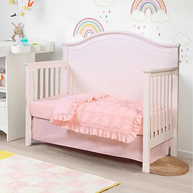 Cloele 3 Pieces Crib Bedding Set for Girls,Standard Size Pink Ruffled Nursery Crib Baby Bedding Set Includes Comforter Fitted Sheet Crib Skirt -Girls Solid Seersucker Ruffle Quilt