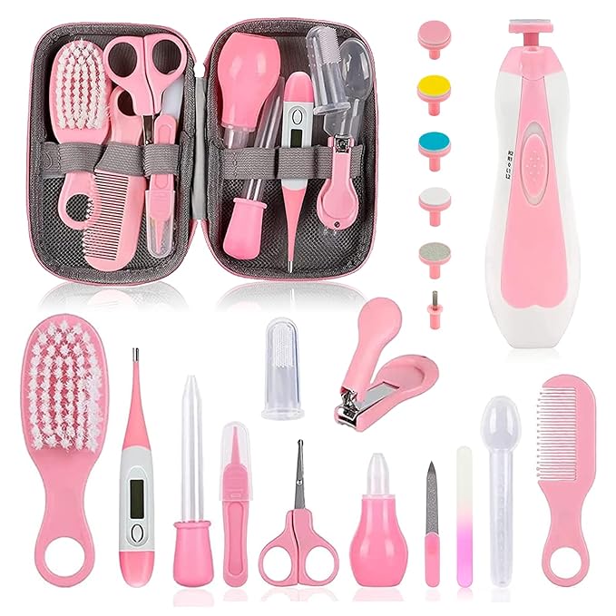 Baby Grooming Kit, Infant Safety Care Set with Hair Brush Comb Nail Clipper Nasal Aspirator,Baby Essentials Kit for Newborn Girls Boys (Pink 20 in 1)
