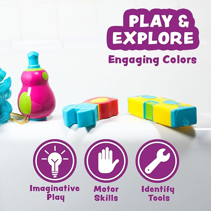 Tub Works® Tools™ Mold Free Bath Toys, 6 Pack | Sealed, No Hole Bath Toys Design Keeps Moisture Out | Soft, Squeezable & Float on Water | Easy-Grip Baby & Toddler Bathtub Toys | Great for Baby Pools