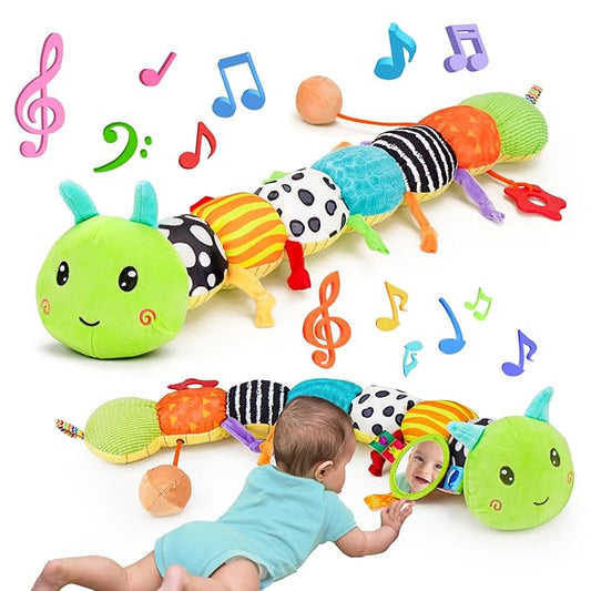Baby Sensory Toy 0-6 Month Music Animal Stuffed Plush Caterpillar Toy for Infant 0-3-6 Month Tummy Time with Baby Mirror Crinkle Rattle for 6-12 Month Carseat Toys for Newborn Boys Girls Shower 1