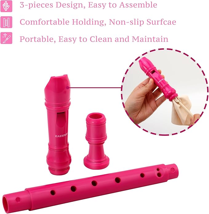 EAST TOP Soprano Recorder for Kids Beginners, 8 Hole Plastic German Fingering Flute Recorder 3 Piece with Cleaning stick, Cotton pouch, Fingering Chart, Colorful box (Hot Pink)