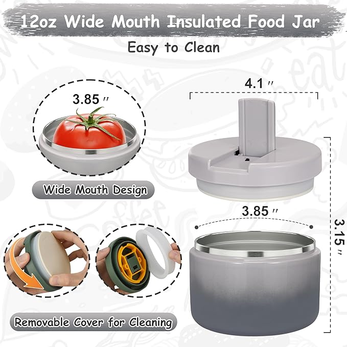 12oz Insulated Vacuum Food Jar with Buckle Lid Wide Mouth Soup Thermo for Hot Food Kids Leakproof Stainless Steel Lunch Container (Gradient Grey, 12OZ)
