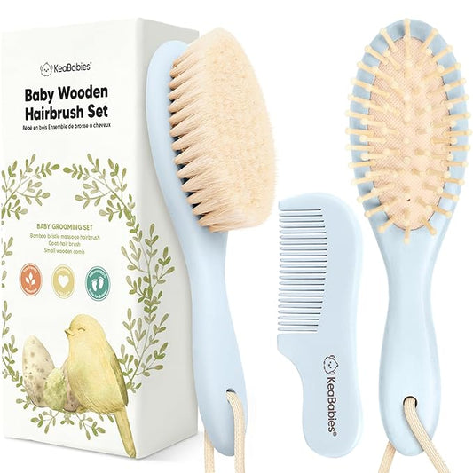Baby Hair Brush and Comb Set for Newborn - Wooden Baby Hair Brush Set with Soft Goat Bristle, Baby Brush Set for Newborns, Baby Brush and Comb Set Girl, Boy, Toddler Cradle Cap Brush (Oval, Frost)