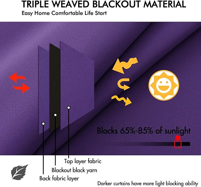 ANRODUO Back Tab Blackout Curtains for Bedroom Living Room, Rod Pocket Pinch Pleated Thermal Insulated Room Darkening Curtains 54 Inches Long 2 Panels, Purple, 42 x 54 Inch