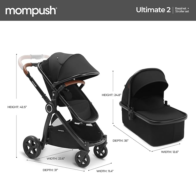 Mompush Ultimate 2 Baby Stroller for Infant and Toddler with Newborn Mode and Reversible Seat, All-Terrain Stroller with All-Wheel Suspension, Includes Car Seat Adapter and Large Storage Basket