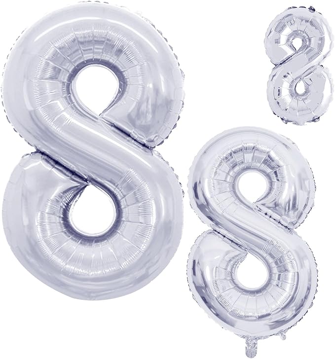 GOER Silver Foil Balloons Number 8,Huge Number Balloons for 8th Birthday Party Supplies Anniversary Decorations(3 pcs,42 inch,32 inc,16inch)