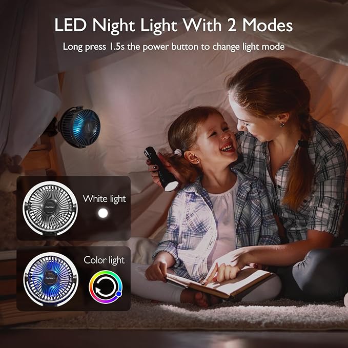 Momcozy Portable Stroller Fan, 8000mAh, 27H Ultra-long Battery Life, Detachable 4 Speed 360°Rotate, LED Night Light with 2 Modes, USB Rechargeable Handheld Cooling Fan for Travel, Car Seat, Bedroom