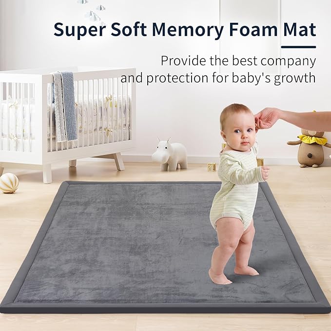 ACOMOPACK Baby Play Mat for Floor 1.3" Thick Memory Foam 50x50 Soft Velvet Playpen Mat for Kids,Infants,Toddlers,Tummy Time Crawling Mats with Non-Slip Bottom,Yoga,Tatami,Nursery Rug（Dark Grey）