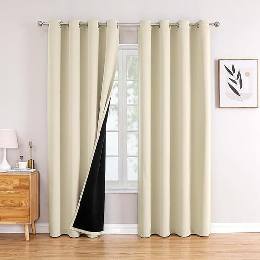 ChrisDowa 100% Blackout Curtains 102 inch Long for Bedroom with Black Liner, 2 Thick Layers Total Blackout Thermal Insulated Grommet Window Curtains 2 Panels Set (Light Beige, 52 x 102 Inch)