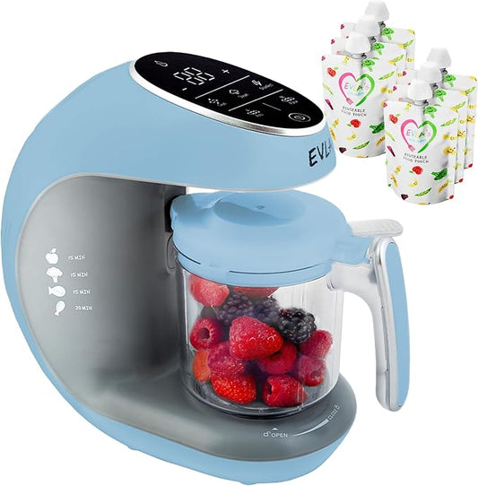 EVLA'S Baby Food Maker, Steamer, Blender, Baby Food Processor for Healthy Homemade Baby Food in Minutes, Touch Screen with 6 Reusable Food Pouches, Baby Registry Essential, Blue