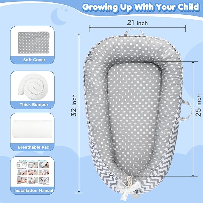 Baby Lounger - Baby Lounger for Newborn 0-24 Months, Breathable and Soft Cotton Cover Baby Nest, Portable Cozy Tummy Time Lounger for Home and Travel, Ideal Baby Essentials & Shower Gifts