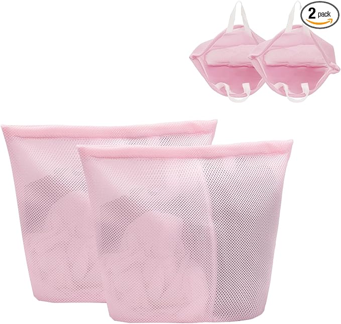 2 Pcs laundry bag with handles mesh laundry bags washing machine laundry totes travel storage and sorting bag for Clothes laundry bag for delicates(Pink2N)