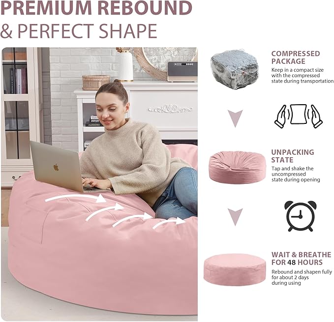7FT Bean Bag Chair, Large Bean Bag Chairs with Memory Foam Filled, Fluffy Beanbag Sofa with Dutch Velvet Cover, Round BeanBag Chairs for Living Room, Playroom - Light Pink