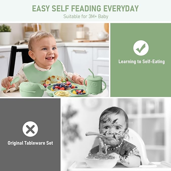 Baby Weaning Set, Silicone Feeding Set(10 Pcs), Toddler Set with Adjustable Bib, Suction Bowl, Plate, Fork, Spoon, Water & Snack Cup Kit, Led Kit for Babies, and Kids Green GJTZ-04