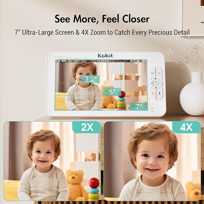 7" 1080P Full HD Video Baby Monitor No WiFi,100 Hrs 5000mAh Battery Runs 4 Days,4X Zoom,Remote 355° Pan-Tilt,2-Way Talk with Temp Alert/Lullabies/VOX