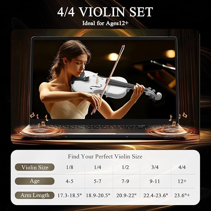 Beginner Violin 4/4, Full Size Violin for Adults, Teens, Student, Acoustic Fiddle Kit with Hard Case, Bow, Rosin, Bridge, Learners Age 12+ (White)