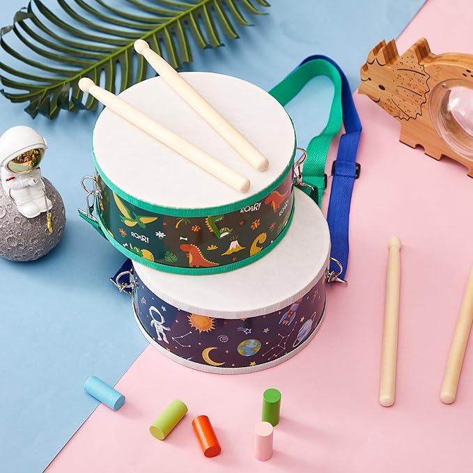 Boao 2 Pcs Kids Drum Set, 8 Inch Toddler Drum Wooden Toy with Adjustable Strap and 4 Drumsticks, Educational Sensory Musical Instrument for Toddlers Kid Baby Boys Girls Gift (Dinosaur)