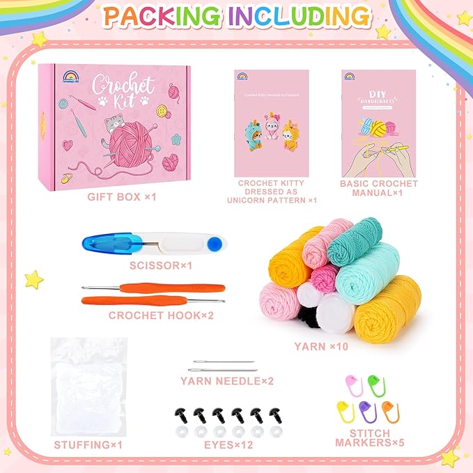 Crochet Kit for Beginners - 3 PCS Unicorn Cat Crochet Kits with Step-by-Step Video Tutorials, Beginner Crochet Kit for Adults Kid, Crochet Animal Kit for Starters, Cat Dressed as Unicorn Set
