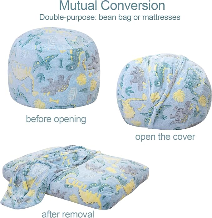 Bean Bag Chair for Kids, Toddler Beanbag Bed Unicorn, Convertible Children Bean Chair to Floor Mattress with Filler, Stuffed Child Bean Bags for Girl Boy Sleeping, Blue Dino