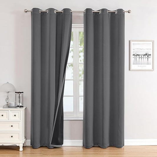 ChrisDowa 100% Blackout Curtains for Bedroom with Black Liner, 2 Thick Layers Total Blackout Thermal Insulated Grommet Window Curtains 2 Panels Set (Grey, 42 x 84 Inch)