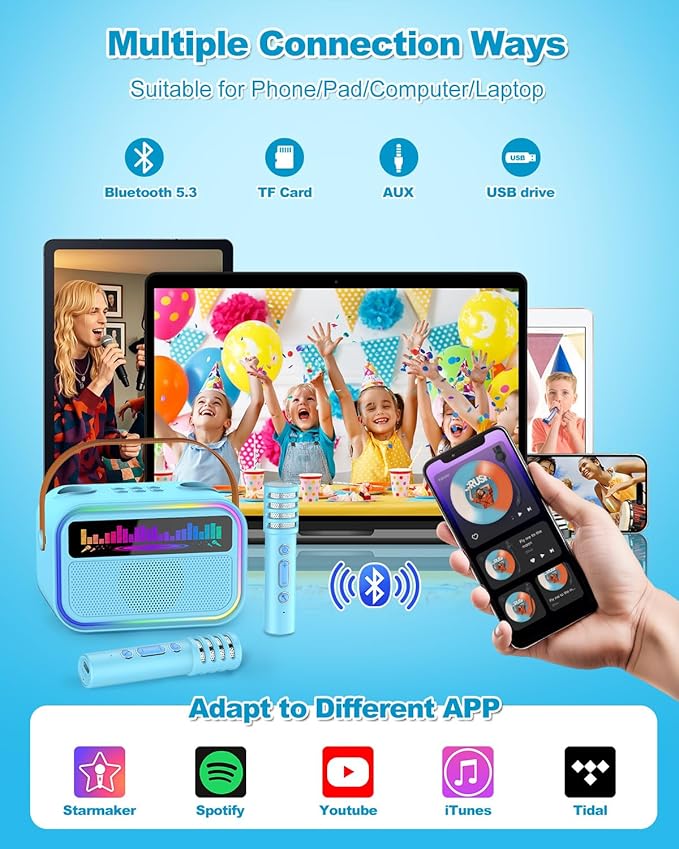 Karaoke Machine for Kids Adults, Birthday Gifts Toys for Girls Boys Age 3-12+,Mini Portable Bluetooth Singing Speaker with 2 Wireless Microphones & LED Lights (Blue)