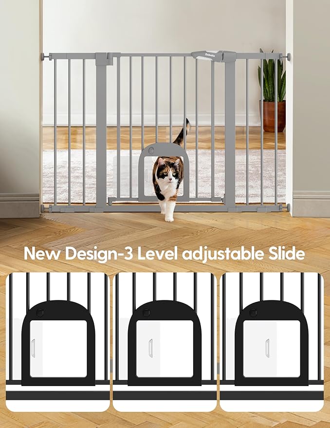 Babelio 29-48" Extra Wide Baby Gate with Adjustable Cat Door,Easy Install Pressure/Hardware Mounted,Auto Close Pet door for Stairs,House,Doorways,Effortless Walk Thru,Gray