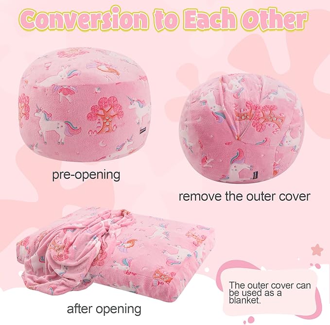 COMAX Kids Bean Bag Chair Turn into Beanbag Bed, Toddler Bean Chair for Girl Boy Sleeping, Lazy Children Bean Bags with Filler, Convertible Child Floor Mattress, Pink Fairy