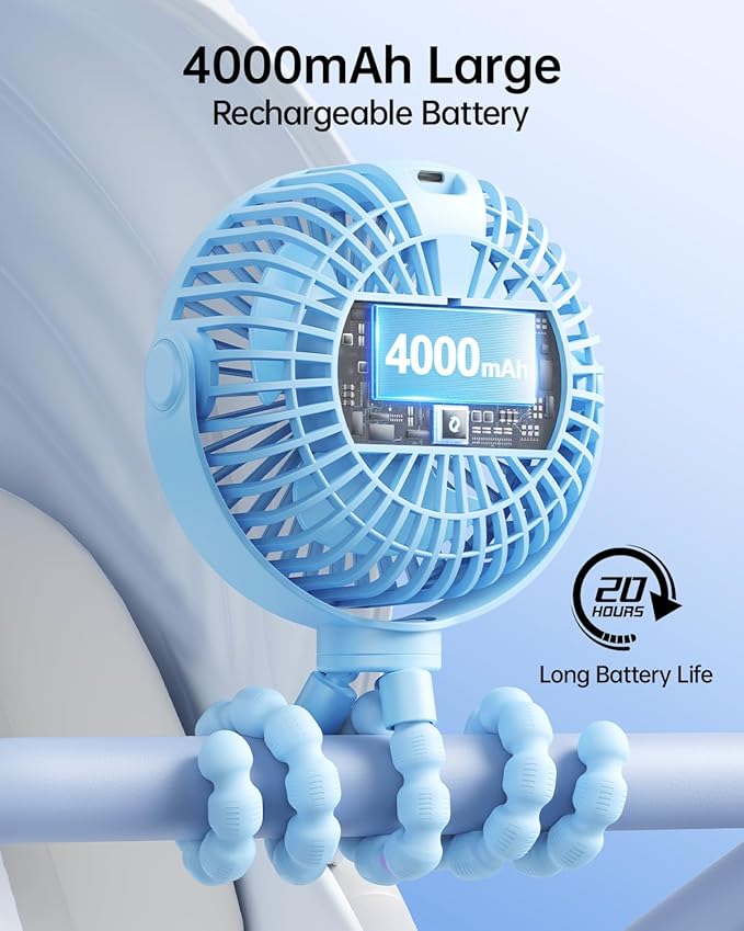 SWEETFULL Portable Stroller Fan with Display 4000mAh Battery Powered Mini Clip On Fan, 4-Speed Rechargeable Small Personal Cooling for Baby Car Seat Crib Travel - Blue