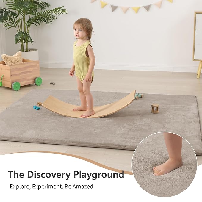 Baby Play Mat for Floor,1.3" Thick Elasti-Foam 50"×74" Playpen Mat for Tummy Time,Water Repellent Soft Coral Velvet for Toddler,Infant,Kids,Non-Slip Backing Safe for Crawling(Beige)