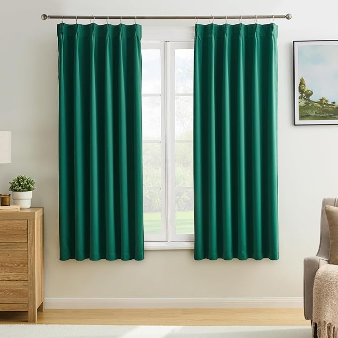 KEQIAOSUOCAI Dark Hunter Green Blackout Curtains 63 Inches Long, Christmas Home Decoration Pinch Pleated Room Darkening Drapes for Bedroom,Emerald Green,40x63,2 Panels