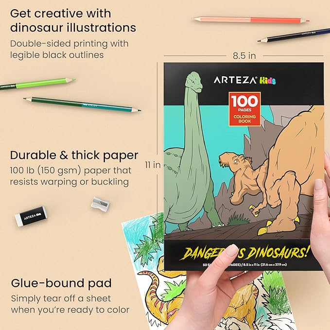 ARTEZA Kids Coloring Book and Colored Pencils Set, Dinosaur Illustrations, 50 Double-Sided Sheets, 100-lb Paper
