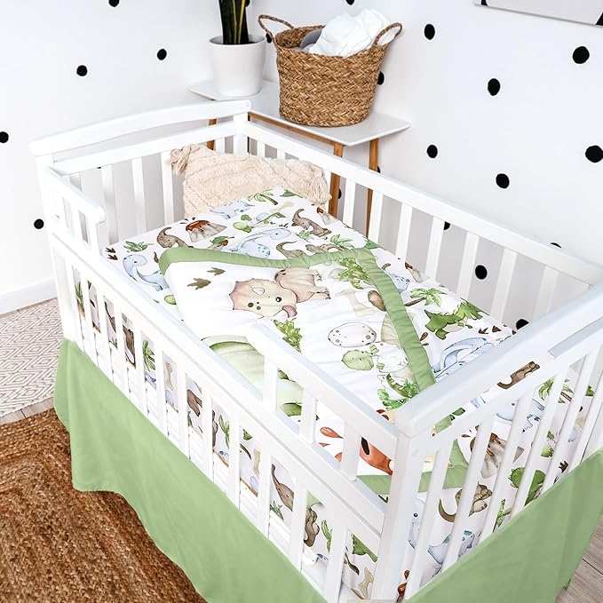 3 Pcs Baby Crib Bedding Set Safari Animals Dinosaurs Bear Woodland Animals Jungle Crib Set Includes Quilt, Fitted Sheet, Skirt for Baby Boy Girl(Green,Dinosaur)